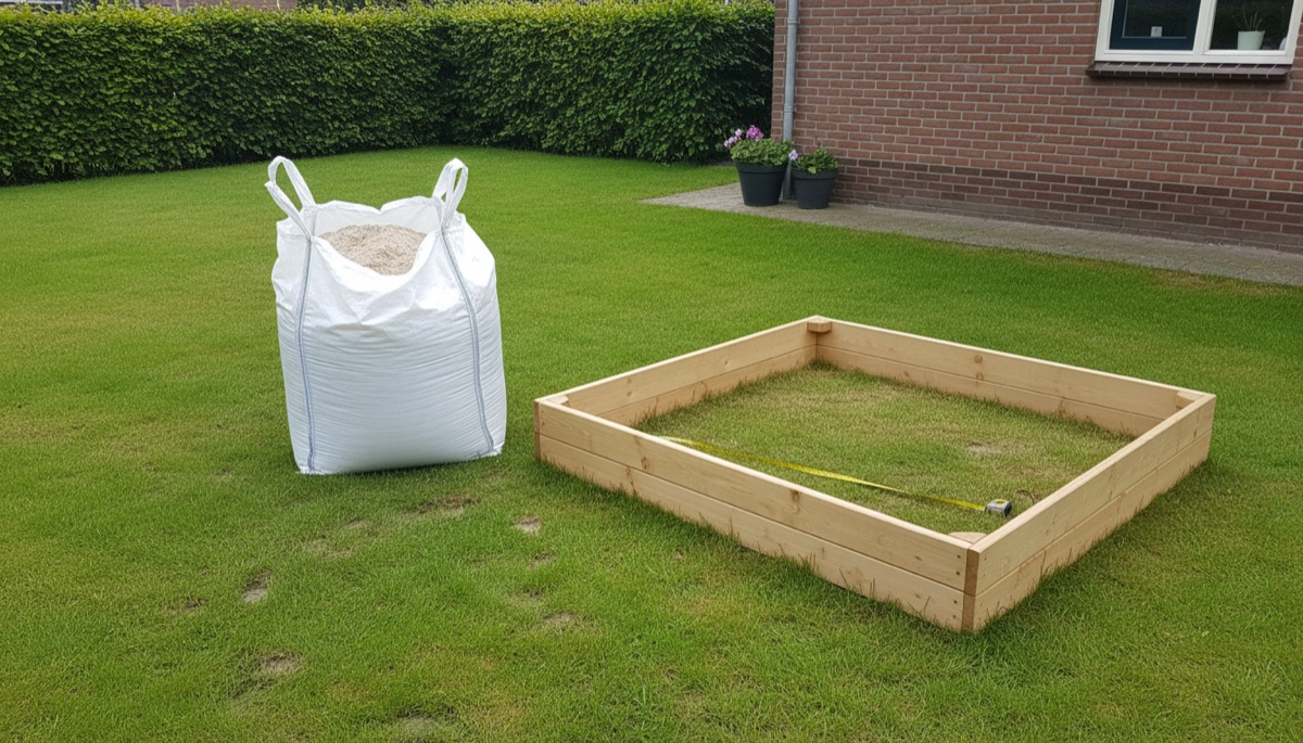 Big bag speelzand naast een houten zandbak — voorbereiding aanleg