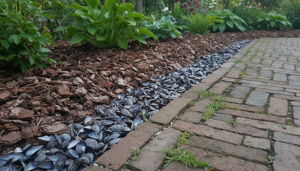 Combinatie van Franse boomschors en blauwe schelpen langs een tuinpad