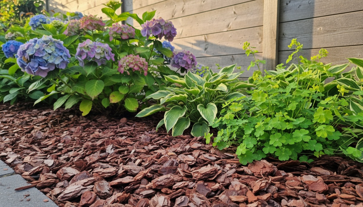 Franse boomschors als bodembedekker in border met hortensia's