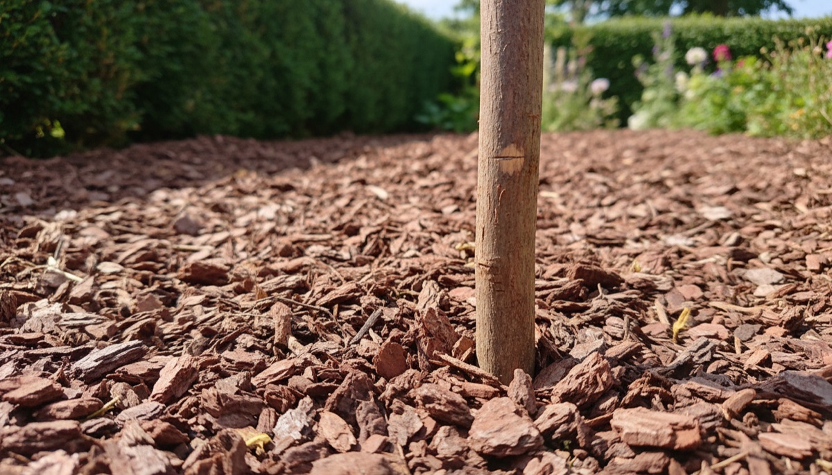 Boomschors aanbrengen op circa 9 cm laagdikte voor maximale onkruidonderdrukking