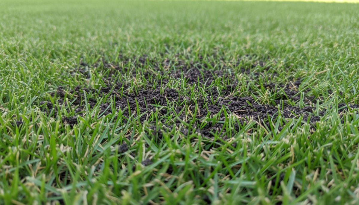 Dunne laag fijne compost tussen de grassprieten — 1 tot 2 centimeter