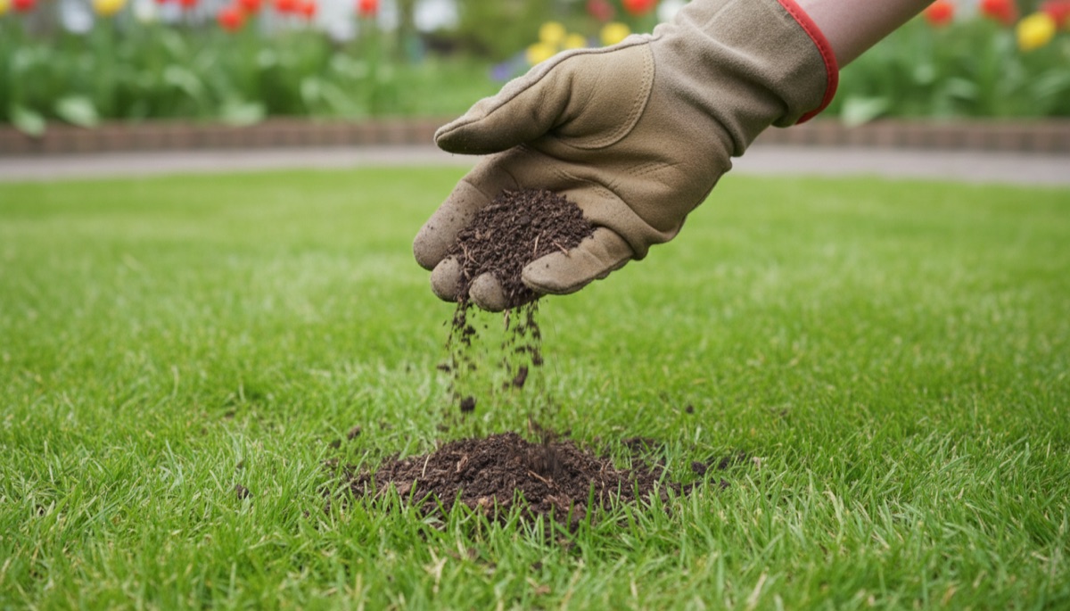 Fijne compost op gazon strooien — topdressing Fijne compost op gazon strooien — topdressing