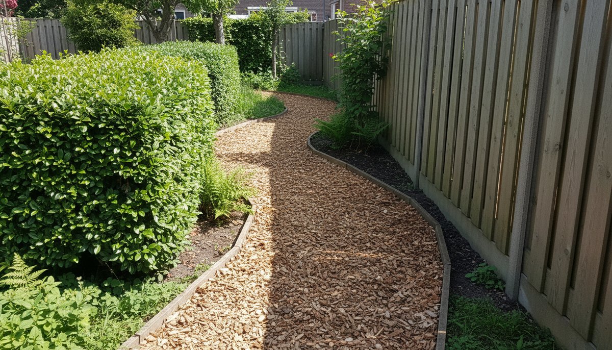 Aangelegd houtsnipperpad met houten randafwerking in een Nederlandse achtertuin Aangelegd houtsnipperpad met houten randafwerking in een Nederlandse achtertuin