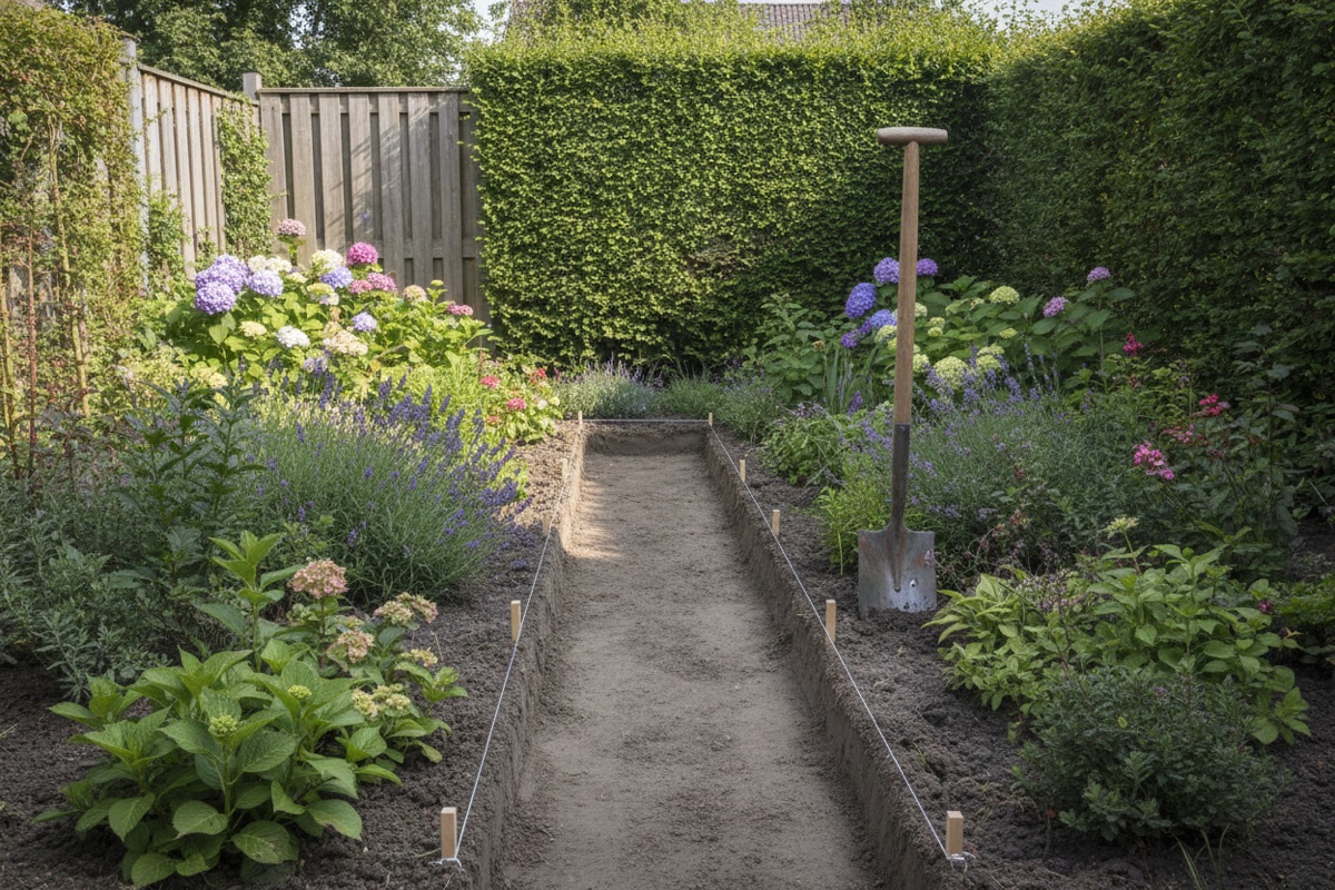 Uitgegraven cunet voor een smal houtsnipperpad tussen de borders, met markeertouw en spade