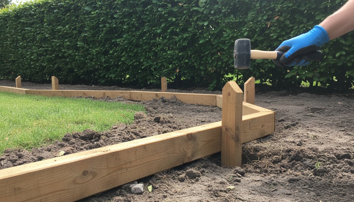 Houten randbalk vastzetten met een grondpaaltje langs het uitgegraven pad