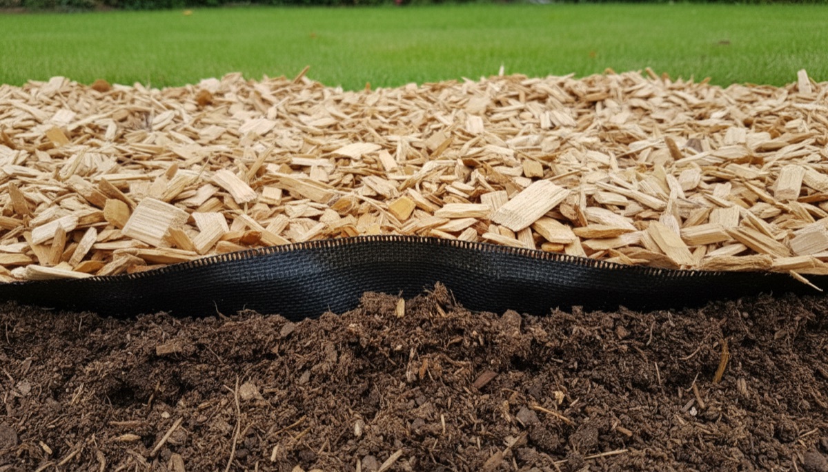 Doorsnede met houtsnipperlaag van 10 cm op worteldoek voor effectieve onkruidonderdrukking