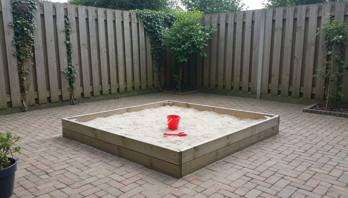Houten zandbak gevuld met fijn gewassen speelzand in een Nederlandse achtertuin