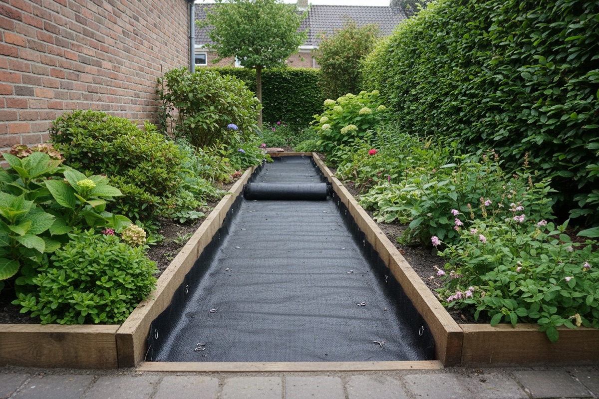 Worteldoek in het cunet van een houtsnipperpad, met houten kantopsluiting langs beide kanten